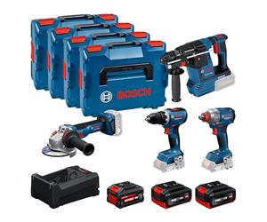 Bosch PRO 18V System Combo Kit: GSR 18V-65, GDX 18V-285, GBH 18V-26, GWS 18V-11, 2x GBA 18V 5.0Ah, 1x EXBA 18V 5.5Ah, GAL 12V/18V-80, 4x L-BOXX 136