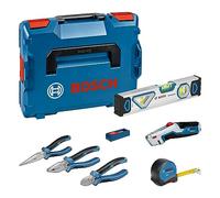 Bosch Professional set herramientas profesionales, 10 piezas (incl. 2 alicates, 1 cúter, 1 cinta métrica, 1 nivel de burbuja de 25 cm, 1 cuchilla, 10 hojas de repuesto, 2 bandejas para L-BOXX, L-BOXX)