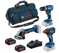 Bosch Professional 18V System GSB 18V-45 + GDX 18V-200 + GWS 18V-7 - Set taladro + llave impacto + amoladora (2 baterías 5.0 Ah, bolsa de lona)