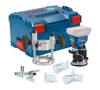 Bosch Professional 18V System fresad corte bat GFK 18V-8, incl guía paral, 2 adapt asp fres, prot vir, pinza suj 8 mm, llave, base inm TE, 2 adapt asp base inm, L-BOXX, sin bat/carg