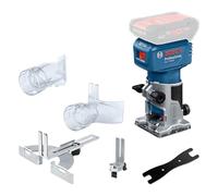 Bosch Professional 18V System fresad. corte bat. GLF 18V-8 (incl. guía paral., adapt. asp. fres. superf., adapt. asp. fres. cantos, guía rodillo rec. enras., pinza suj. 8 mm, llave, sin bat./cargador)