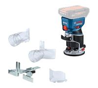 Bosch Professional 18V System fresadora corte batería GFK 18V8, incl guía paralela, 2 adaptadores aspirador fresado, protección contra virutas, pinza sujeción de 8 mm, sin batería/cargador