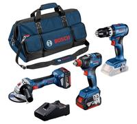 Bosch Professional 18V System GSB 18V-45 + GDX 18V-200 + GWS 18V-7 - Set taladro + llave impacto + amoladora (2 baterías 5.0 Ah, bolsa de lona)