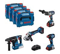 Bosch Professional 18V System GSR 18V-110 C + GDX 18V-210 C + GWS 18V-10 + GBH 18V-24 C - Set atornillador +llave impacto +amoladora +martillo (2 bat. ProCORE 5.5 Ah, 1 bat. ProCORE 4.0 Ah, L-BOXX)
