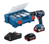 Bosch Professional 18V System taladro con percusión a batería GSB 18V-55 (par máximo 55 Nm, incl. 2 baterías 4.0Ah, cargador GAL 18V-20, set con 82 accesorios, L-Case Pick & Click)
