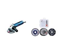 Bosch Professional Amoladora Angular (720 W, 11000 rpm, en caja), Azul, Disco 115 mm + Set con 5 discos de lija y discos de corte X-LOCK (acero inoxidable, metal, Ø 125 mm, accesorios de amoladora)