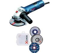 Bosch Professional Amoladora angular, Azúl, Disco 125 mm + Set con 5 discos de lija y discos de corte X-LOCK, acero inoxidable, metal, Ø 125 mm, accesorios de amoladora