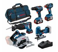 Bosch Professional Juego de GSR 18V-55 + GST 18V-125 S + GKS 18V-57-2 + GSA 18V-28 + GDX 18V-200 (incluye 3 baterías de 4,0 Ah, cargador GAL 18V-40, en bolsa de herramientas grande)