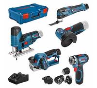 Bosch Professional BOS4059952570044 Paquete 5 Herramientas: Taladro GSR, Lijadora GOP, Cepilladora GHO, Amoladora GWS, Sierra Calar GST, 3 Baterías, Cargador