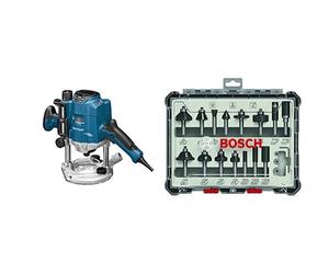Bosch Professional GOF 1250 CE - Fresadora de superficie (en caja) + Set Mixto de Brocas de 15 Piezas (para madera, vástago de Ø 8 mm, Accesorios)