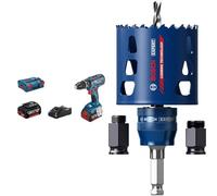 Bosch Professional GSB 18V-28 - Taladro percutor a batería (2 baterías x 4,0 Ah, L-Boxx) + 1x Kit de iniciación de sierras de corona Expert Tough Material (Madera con metal, Ø 68 mm, accesorios)