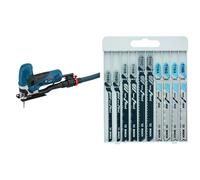 Bosch Professional GST 90 E - Sierra de calar (650 W, 500 - 3100 cpm, profundidad de corte 90 mm, en maletín) + Hojas de sierra de calar básica para metal y madera (juego de 10 unidades)