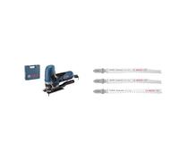 Bosch Professional GST 90 E Sierra de calar profundidad de corte 90 mm, en maletín + 3 hojas de sierra de calar Hardwood 2Side Clean, Encimera de cocina, Tableros recubiertos de plástico, 117 mm