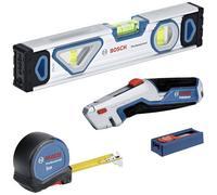 Bosch Professional set de herramientas profesionales de 4 piezas (incl. nivel de burbuja de 25 cm, cinta métrica de 5 m, cuchillo universal con hoja extraíble y set de 10 hojas)