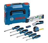 Bosch Professional set herramientas profesionales, 13 piezas (incl. 6 destornilladores, 1 cinta métrica 5 m, 1 nivel burbuja 25 cm, 1 cuchilla, 10 hojas de repuesto, 2 bandejas para L-BOXX, L-BOXX)