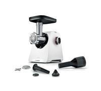 Bosch Serie 6 MFWS607W - Picadora de carne (3,5 kg/min, 2 discos perforados (4,5 y 8 mm), 2 niveles, retorno, apisonador de salchichas, accesorio para kebbe, garantía de motor de 10 J, engranaje