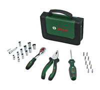 Bosch Mobility Juego de herramientas manuales, 26 piezas (kit de herramientas compacto y portátil para tareas de bricolaje;carraca de 1/4"; alicate combinado; destornillador universal; en bolsa tela)