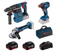 BOSCH Set combinado Taladro percutor inalámbrico + llave de impacto + amoladora angular + 2 baterías 0615990N21