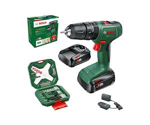 Bosch taladro percutor a batería EasyImpact 18V-40 (2x batería de 2,0 Ah, sistema de 18 V, set de destornilladores y brocas para madera, piedra y metal de 43 piezas, en caja)
