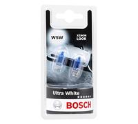 Bosch W5W Ultra White, Lámparas Halógenas para Faro Delantero, 12 V 5 W, Moderno Efecto LED Blanco - Casquillo Tipo W2,1x9,5d - Recambio de Luz para Coche, Paquete de 2 Lámparas