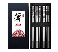 Bosdontek Palillos de metal reutilizables, 5 pares de palillos inoxidable, aptos para lavavajillas, patrón grabado, fáciles de limpiar, juego de regalo (plateado)