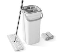 BOSHENG Juego de fregona y cubo, fregonas planas para limpieza de suelos, mopa de pared con mango extensible de 60 pulgadas, mopa de piso de madera dura con 2 almohadillas de microfibra