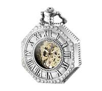 BOSHIYA Reloj de bolsillo mecánico vintage para hombre, luminoso, steampunk, con cadena, esfera de esqueleto negro, números romanos, regalo para el día del padre, Octágono plateado