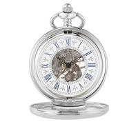 BOSHIYA Reloj de bolsillo mecánico vintage para hombre, luminoso, steampunk, con cadena, esfera de esqueleto negro, números romanos, regalo para el día del padre, Tono plata