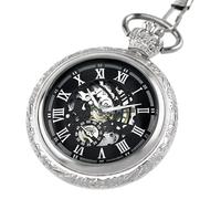 BOSHIYA Reloj de bolsillo mecánico vintage para hombre, luminoso, steampunk, con cadena, esfera de esqueleto negro, números romanos, regalo para el día del padre, Blanco, Retro