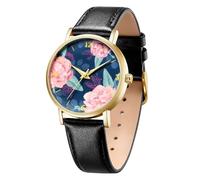 BOSHIYA Reloj de pulsera de cuero para mujer, esfera grande, con estampado floral, analógico, de cuarzo, Reloj de cuero impreso-negro 56