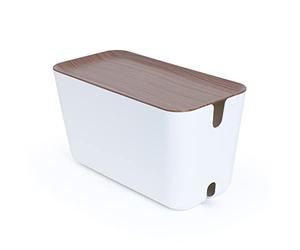 Bosign Caja de gestión de cables - Organizador de cables XXL. Madera blanca y oscura - 46x21,5x24,5 cm. Plástico ignífugo. Pies antideslizantes de silicona.