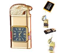 BOSONS Encendedor de Viento con Reloj Vintage, Jet Flame Torch, Refillable Butano, Windproof, para Exterior, Camping (Oro E)