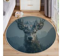 Bosque De Ciervos Con Doble Exposición Alfombra Redonda Para Dormitorio, Redondo Alfombras Arte Fantástico, Azul Grisáceo Antideslizante Alfombra Para Patio O Habitación Familiar Sala De Estar 120cm