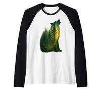 Bosque Lobo Silueta Naturaleza ilustración Camiseta Manga Raglan