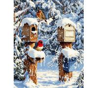 bosque nevado Latch Hook Rug Kit for Adults,Pájaro y buzón,DIY Latch Hook Rug Kit with Preprinted Pattern Canvas,Needlework Crafts Rug for Home Decor,52x38cm