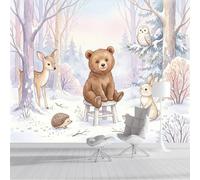 Bosque Nevado Oso Conejo Papel Pintado Panorámico 300x210cm, Lindos Animales De Acuarela Papel Pintado De Seda, Grandes Murales Para Salón Sala De Estar Estudio Decoración, Multicolor