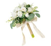 BOSREROY Ramo de boda de seda blanca, flor de novia de 25 cm con hojas de eucalipto, mango de cuerda de cáñamo, decoración de boda coreana