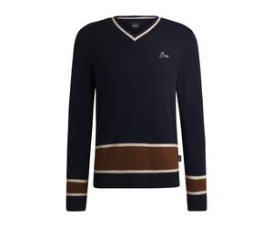 BOSS Jersey para equitación de lana y cashmere con cuello en pico - StyleHARWARD KNITWEAR, B6M1003 Azul oscuro XXL