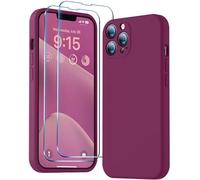 BossKiss Funda compatible con iPhone 13 Pro, funda de silicona líquida de alta calidad [terciopelo táctil] [2 protectores de pantalla de vidrio templado 9H], funda de kit de protección completa a prueba de golpes, color rojo vino