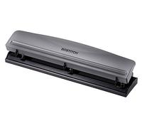 Bostitch Office Premium - Perforadora de 3 agujeros, capacidad para 12 hojas, metal, base de goma, bandeja fácil de limpiar, plateada, gris