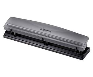 Bostitch Office Premium - Perforadora de 3 agujeros, capacidad para 12 hojas, metal, base de goma, bandeja fácil de limpiar, plateada, gris