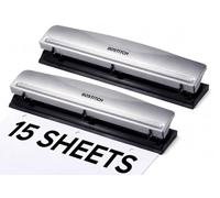 Bostitch Office Premium - Perforadora de 3 agujeros, capacidad para 15 hojas, metal, base de goma, bandeja fácil de limpiar, plata, paquete de 2