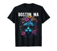 Boston MA USA - Gato con gafas de sol y diseño de flores Camiseta