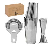 Boston Shaker Set: Professional two-piece Stainless Steel Cocktail Shaker set with Hawthorne Strainer and Japanese Jigger