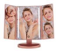 Boston Tech Espejo de Maquillaje con luz LED Bellatrix, Aumento 1x/2x/3x/10x, Espejo tríptico de Mesa con Pantalla táctil, Base organizadora, rotación 180°, Doble alimentación USB y Pilas AAA