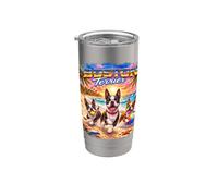 Boston Terrier Beach Divertido Verano Cachorro Amante Tropical Atardecer Vaso térmico de acero inoxidable de doble pared