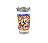 Boston Terrier Beach Divertido Verano Cachorro Amante Tropical Atardecer Vaso térmico de acero inoxidable de doble pared