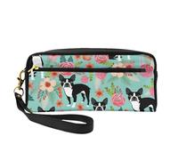 Boston Terrier con Flores, Bolsa de Maquillaje Bolsa de cosméticos Bolsa de Aseo de Viaje portátil Estuche de Cuero para Mujeres y niñas