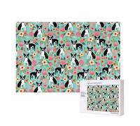 Boston Terrier con Flores,Rompecabezas de Madera de 300 Piezas, Juego Familiar, Rompecabezas para Adultos, Adolescentes, decoración del hogar