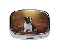 Boston Terrier Otoño Bokeh Perros Perros En El Bosque, Pastillero cuadrado para bolsillo o monedero, pequeño contenedor de pastillas, organizador de pastillas de viaje